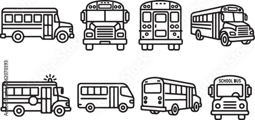Set of eight different school and city buses