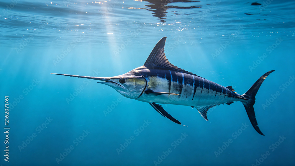 Obraz premium Striped marlin billfish swimming in open ocean, marine life concept