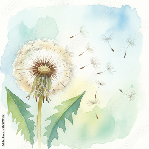Dandelion flower with seeds blowing away in a soft watercolor background