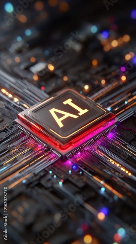 Tapety artystyczne Advanced artificial intelligence microchip processor glowing on a complex circuit board. Conceptual image for modern tech hardware and computer.