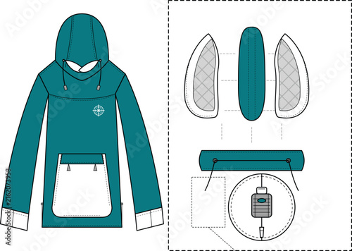 Women's Hooded Pullover Sweatshirt Technical Fashion Flat Sketch with Kangaroo Pocket and Construction Details
