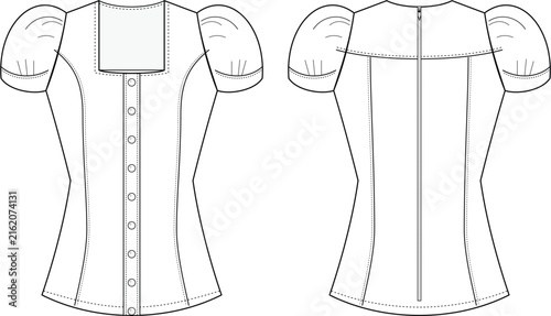 Women's Short Sleeve Blouse Technical Fashion Flat Sketch Front and Back View