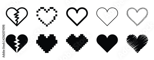 Cuadro en lienzo Heart icon set, different outline and solid styles vector illustration, love sym