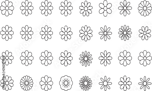 Simple Flower Line Art Outline Icon Set, Daisy Clipart Vectors for Coloring Pages and Crafts