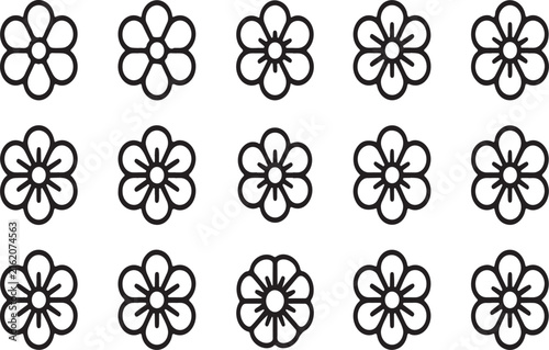 Six Petal Daisy Flower Outline Icon Grid, Bold Line Art Floral Vectors for Patterns