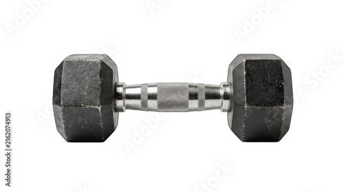 Cast iron hexagonal dumbbell with knurled chrome handle for strength training and muscle building fitness routines.