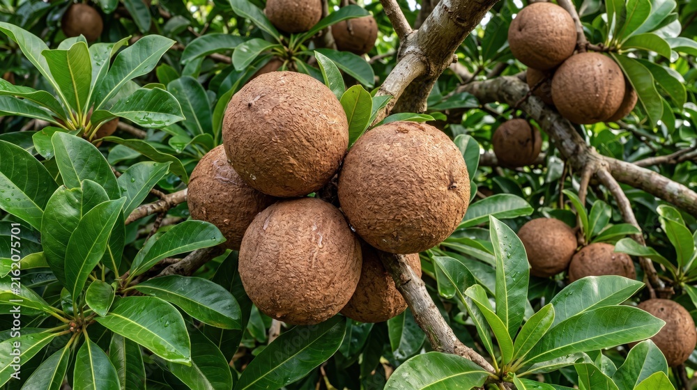 Fototapeta premium Cluster of ripe brown sapodilla fruits hanging from a tree branch, surrounded by lush green leaves in an orchard setting, showcasing the textured skin and round shape of the tropical fruit