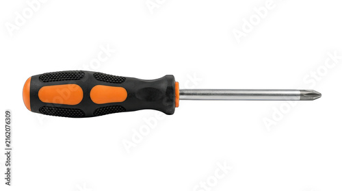 Professional steel phillips head screwdriver with ergonomic black and orange rubber handle for repair tasks.