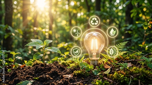 Glowing light bulb in green forest with icons for recycling wind and solar power representing sustainable renewable energy and eco conservation