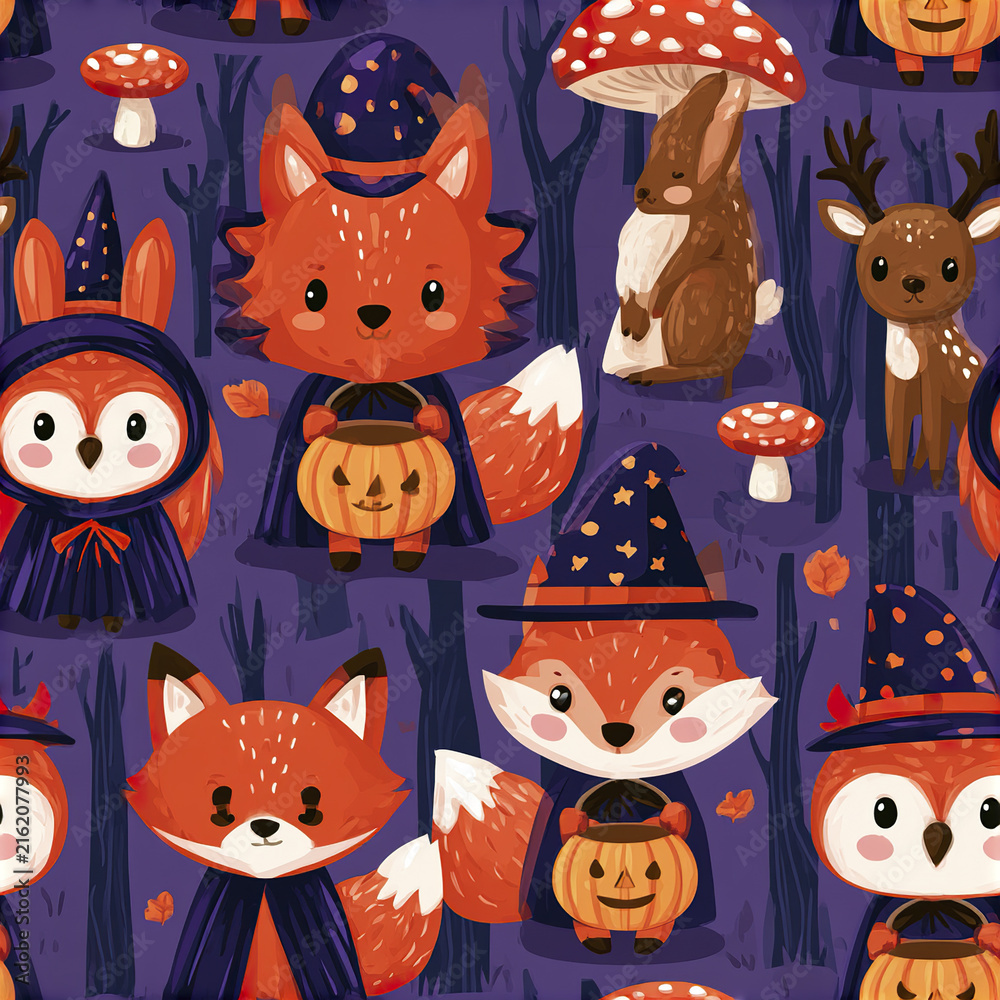 Naklejka premium Cute trick or treat forest animals pattern with foxes, owls, deer, and rabbits wearing witch hats and holding pumpkins