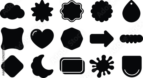 Collection of diverse black vector shapes on white background for graphic design elements