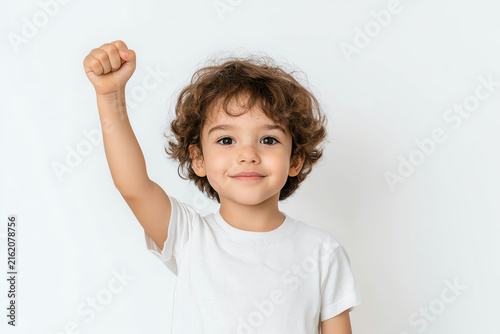 Portrait of a confident child raising a fist, smiling, and showcasing determination and joy against a clean white background.