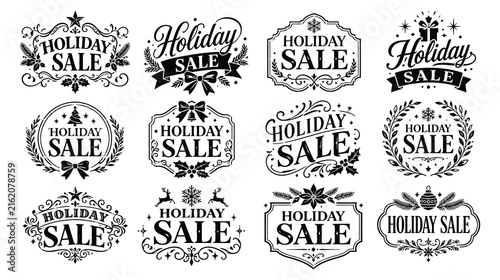 Holiday sale vintage badge collection with festive winter decorations and floral motifs.