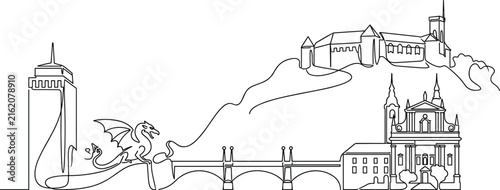 Bild auf Leinwand Continuous line art vector illustration of Ljubljana city skyline featuring famo