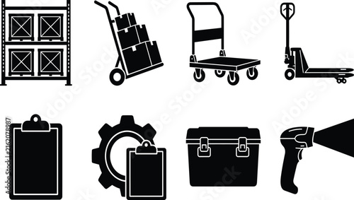 Warehouse logistics and material handling icon set featuring hand truck, pallet jack, storage racks, and barcode scanner