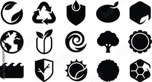 Nature Environmental Icons with Leaf Water Sun Shield Earth Hexagon Vector