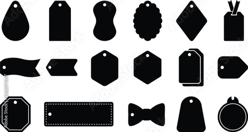 Collection of diverse retail tags and labels in silhouette against a white background vector illustration