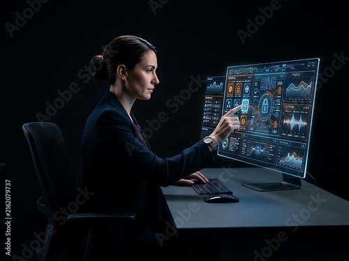 Businesswoman using digital dashboard on computer screen