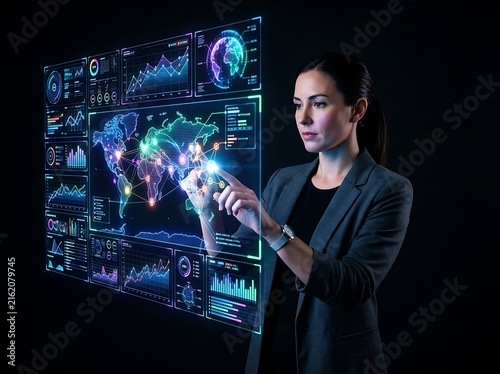 Businesswoman touching digital data screen with world map