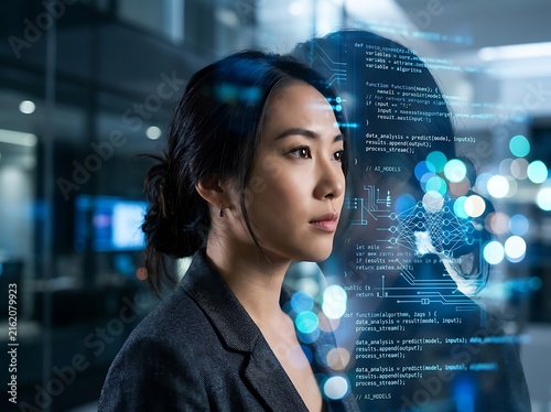 Young woman looking at digital computer code on screen