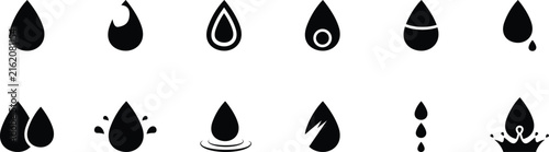Set of twelve black water drop icons