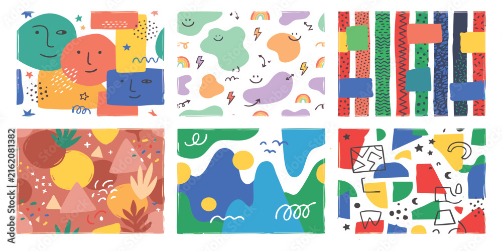 Naklejka premium Set of colorful abstract patterns with hand drawn shapes faces lines and playful textures for creative design