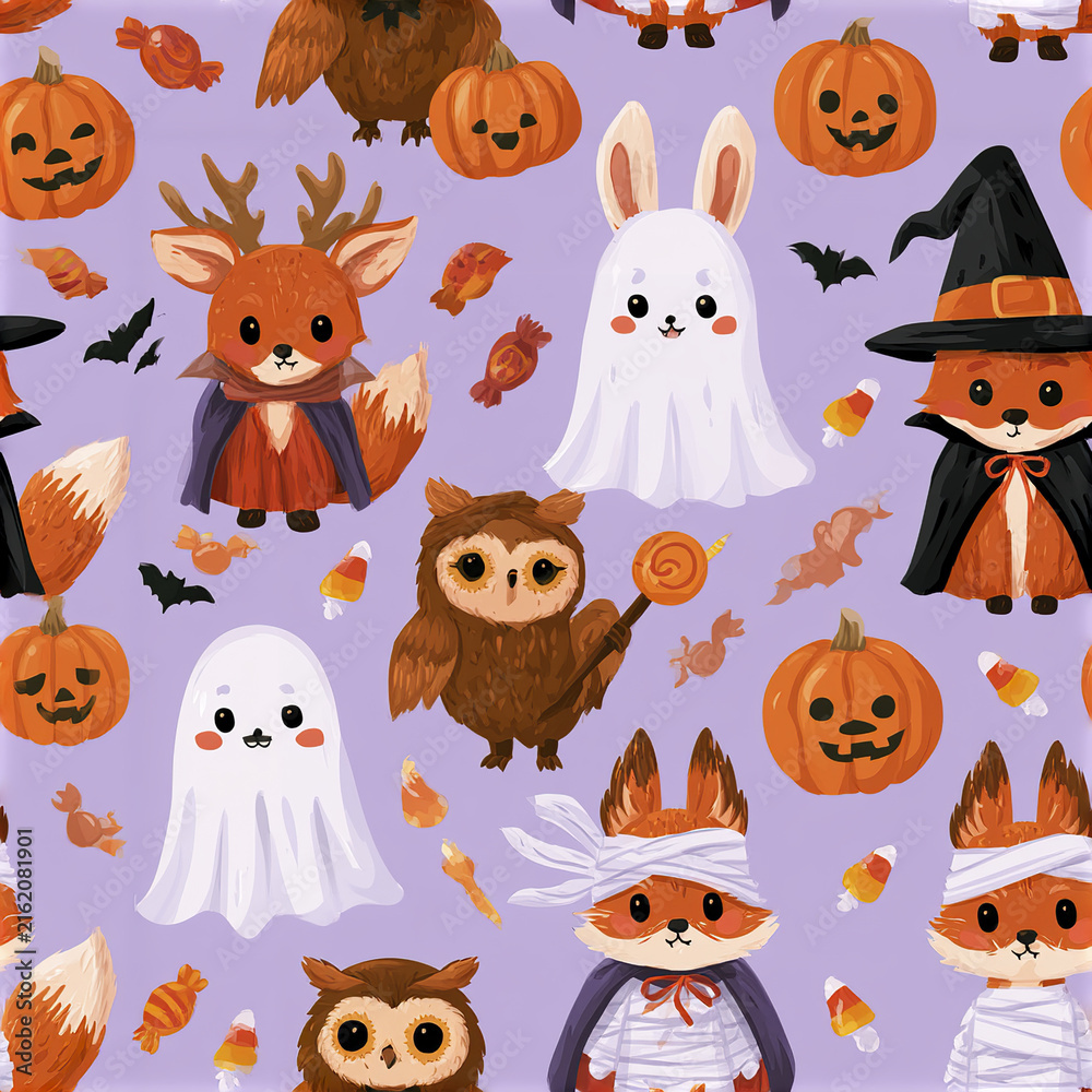 Naklejka premium Cute Halloween pattern with foxes, owls, ghosts, pumpkins, and candy on purple background, festive and playful design
