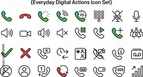 Bild auf Leinwand Phone Call And Audio Control Icon Set With Contact Actions Interface Communicati