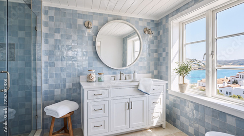 Elegant coastal bathroom design with glossy blue tiles, white vanity, round mirror, and beautiful ocean view
