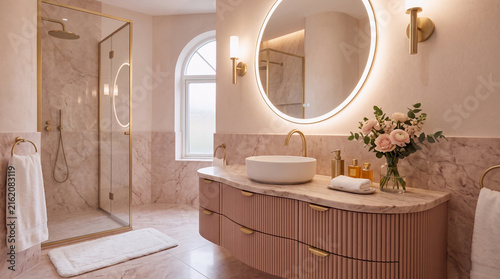 Luxurious pink feminine bathroom design with gold fixtures, marble walls, elegant round illuminated mirror, and modern vanity