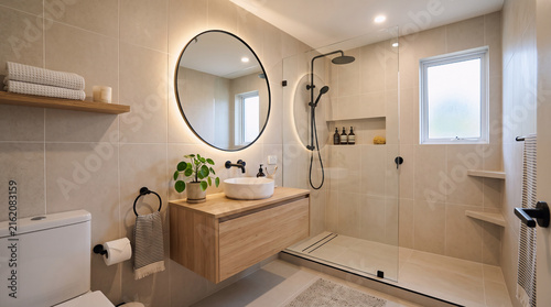 Modern small bathroom interior design with wooden vanity backlit round mirror and glass walk-in shower