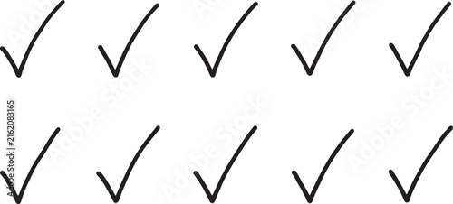 Black check mark icons set on transparent background for business checklists and survey selection web.