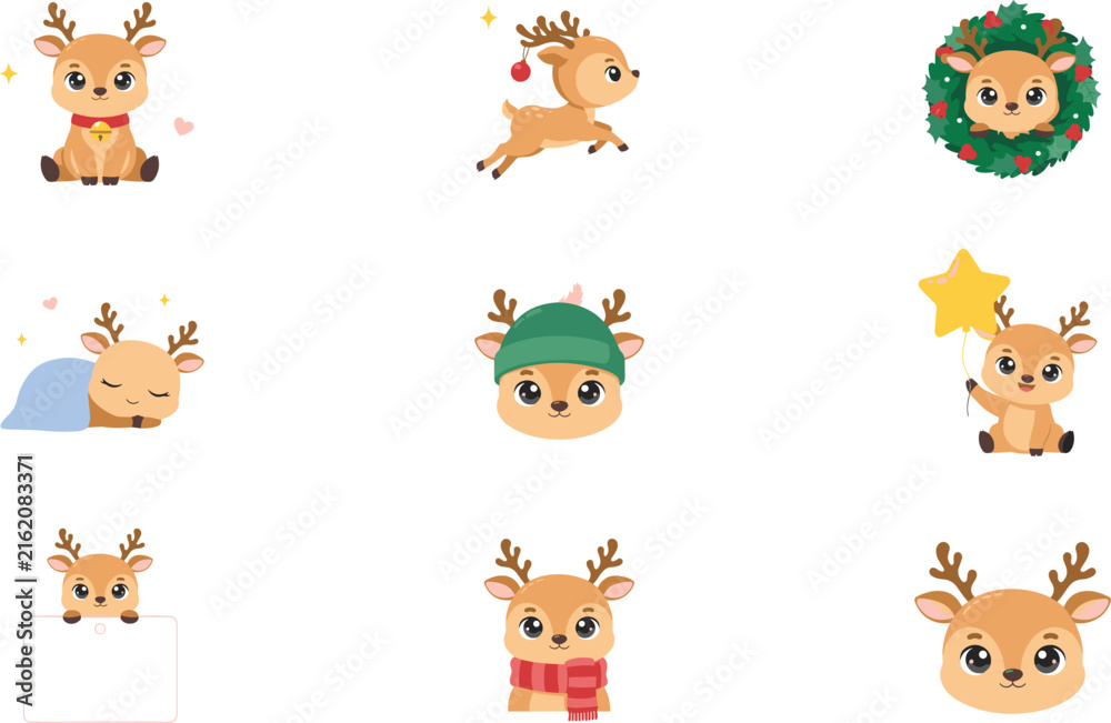 Fototapeta premium Cute Christmas Reindeer Character Icon Set with Festive Holiday Poses Including Sleeping, Jumping, Wearing a Scarf, and Holding a Balloon for Winter Graphic Designs