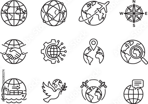 Global communication network line icons depicting logistics transport trade and technology systems.