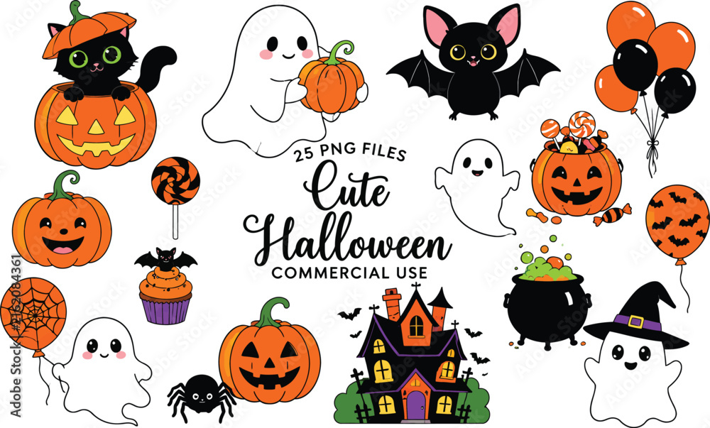 Fototapeta premium Cute Halloween Vector Clip Art Set with Kawaii Ghosts, Jack-o-Lanterns, Black Cat, Haunted House, and Spooky Elements for Graphic Design, Party Invitations, and Commercial Crafting Projects.