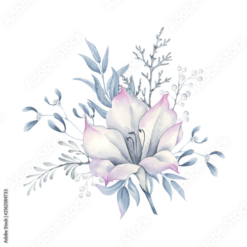 Watercolor composition of a white flower with blue foliage and a branch of an evergreen plant.