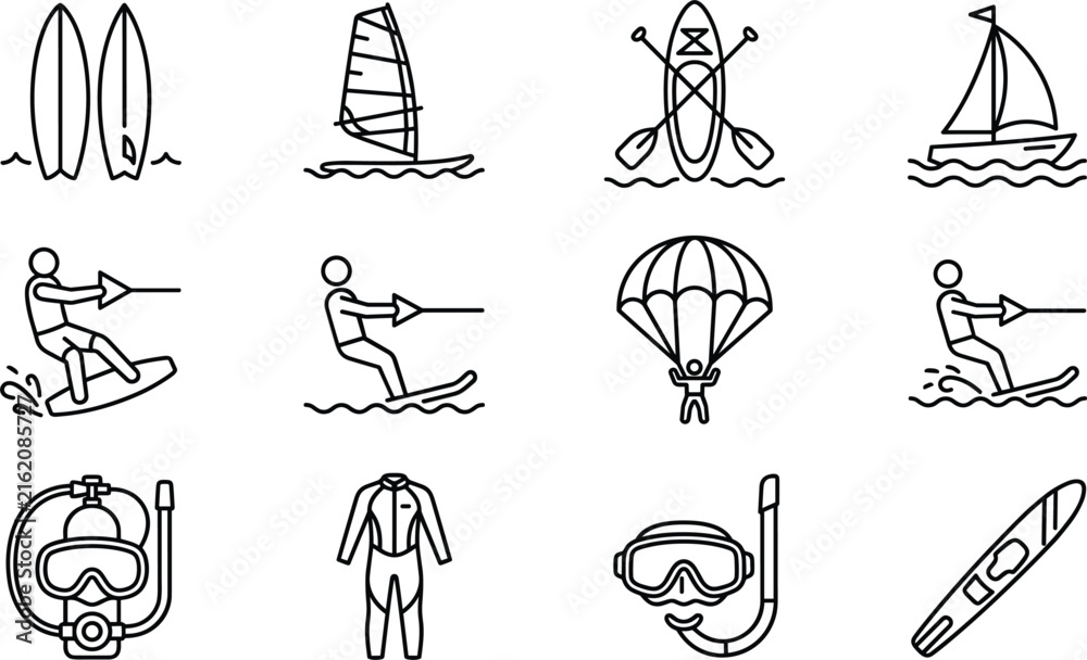 Naklejka premium Water extreme sports and ocean recreation line icons set featuring surfing windsurfing parasailing diving and sailing elements