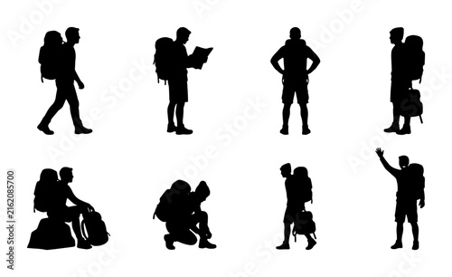 Backpacking Silhouettes: 8 Diverse Hiker Poses, Outdoor Adventure Vector Set