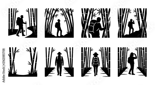 Bamboo Forest Hikers Silhouette Set, Nature Exploration Vector Icons, Outdoor Adventure Graphics