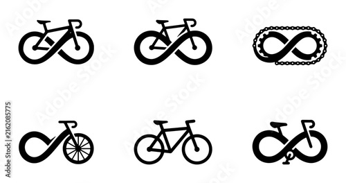 Infinity Bicycle Icons, Cycling Symbol Set, Endless Ride Vector Graphics, Sport and Fitness Concepts