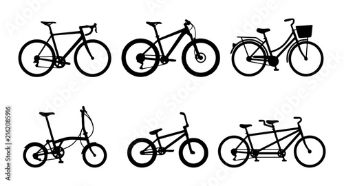 Diverse Bicycle Silhouettes Collection: Road, Mountain, City, Folding, Tandem, BMX Bikes
