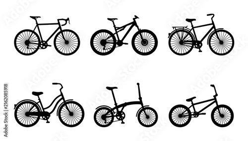 Diverse Bicycle Collection, Six Vector Silhouettes for Transport and Sport, Black and White Icons