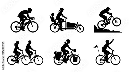 Diverse Bicycle Silhouettes: Cyclists, Cargo Bikes, Mountain Bikes, Family Rides, Touring