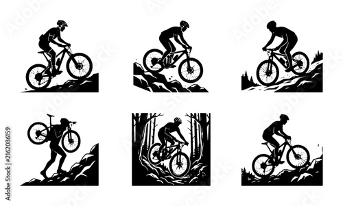 Mountain Biking Silhouettes: Extreme Sports Action, Trail Riding, Outdoor Adventure Vector Set