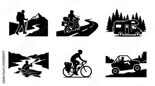 Outdoor Adventure Icons: Hiking, Motorcycle, RV, Kayaking, Cycling, Off-Roading Vector Set