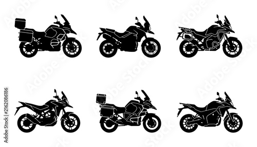 Adventure Motorcycle Icons Set, Dual Sport Bike Silhouettes, Touring & Off-Road Vehicle Graphics