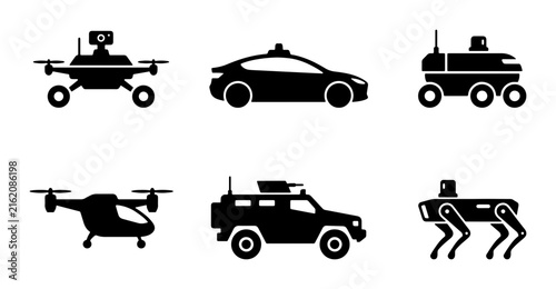 Autonomous Vehicles & Robotics Icons: Drones, Cars, Robots, Future Transport Set