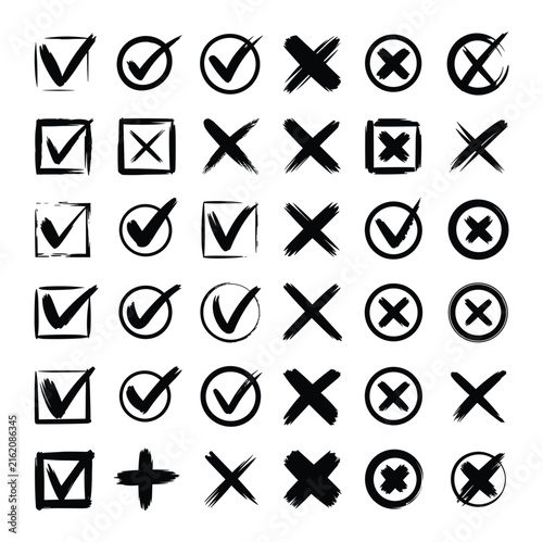 Checkmarks and Crosses Collection: A comprehensive array of hand-drawn checkmarks and crosses, presented in various styles and within boxes, circles, and standalone forms.