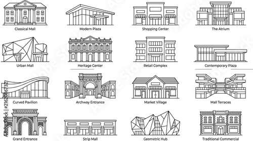 Commercial shopping mall architecture outline icon set featuring retail plaza structures retail complex storefront facades vector illustration