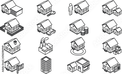 Comprehensive isometric real estate and property architecture line icon set containing residential houses buildings and estate options
